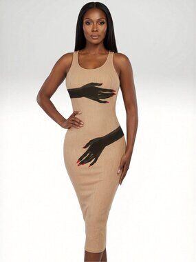 Bodycon Midi Dress Nude Black Hand Print Sleeveless Stretch Dress